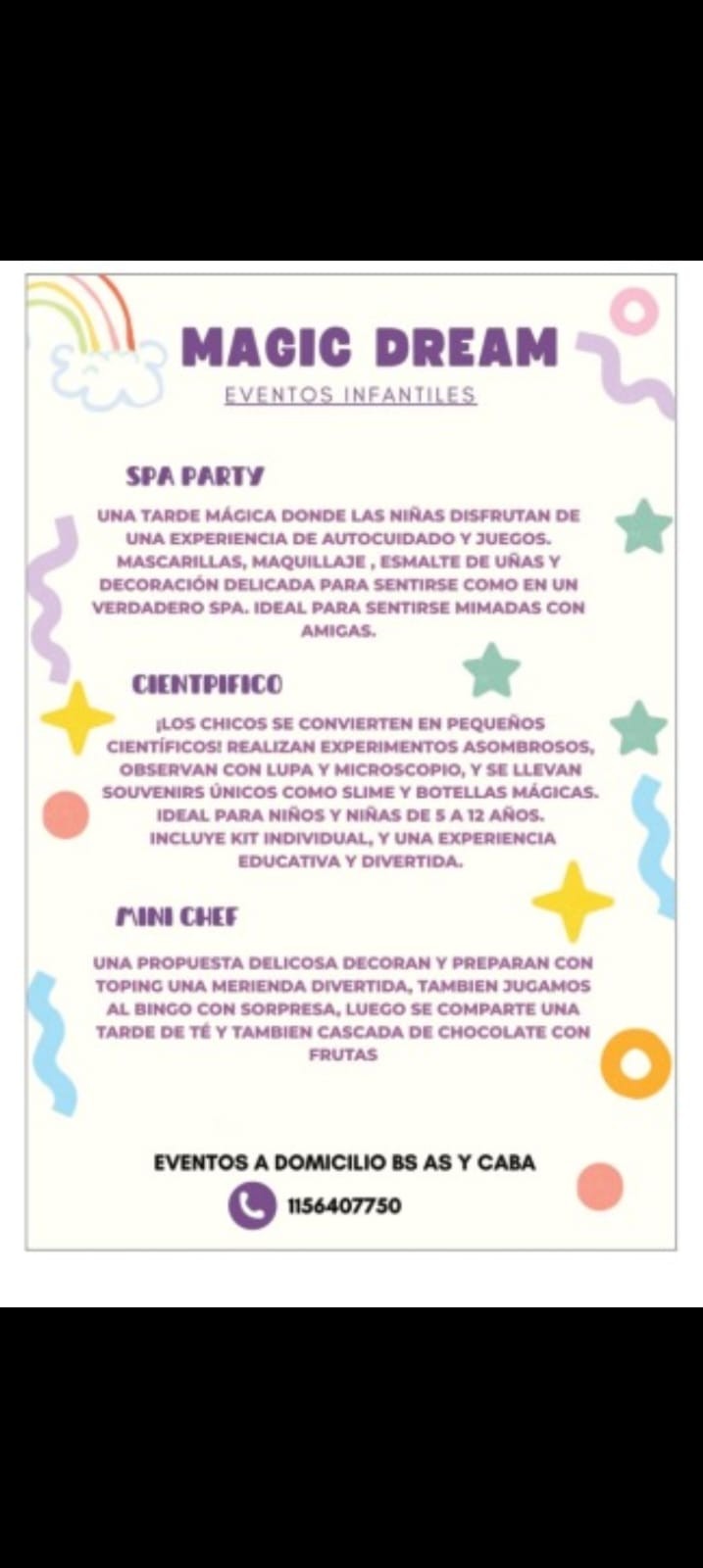 Póster de propuestas de Magic Dreams con Spa Party, Científico y Mini Chef